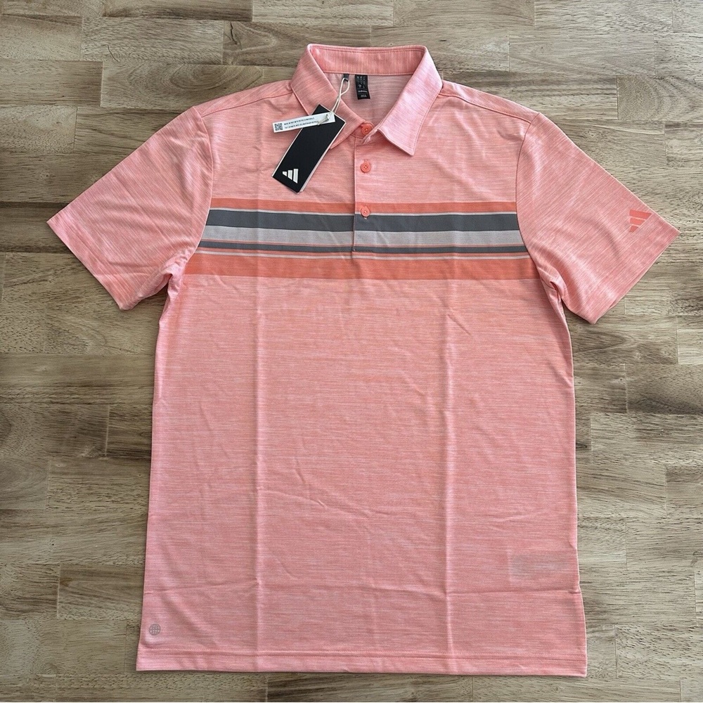 Adidas Chest Striped Golf Polo Mens Size‎ S Small Coral Fusion Melon HR7995